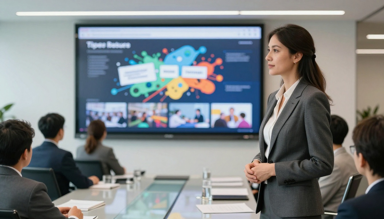 Elegant businesswoman presenting digital flipbook on large conference room screen, colleagues in soft focus, low-angle 50mm lens Elegant businesswoman presenting digital flipbook on large conference room screen, colleagues in soft focus, low-angle 50mm lens