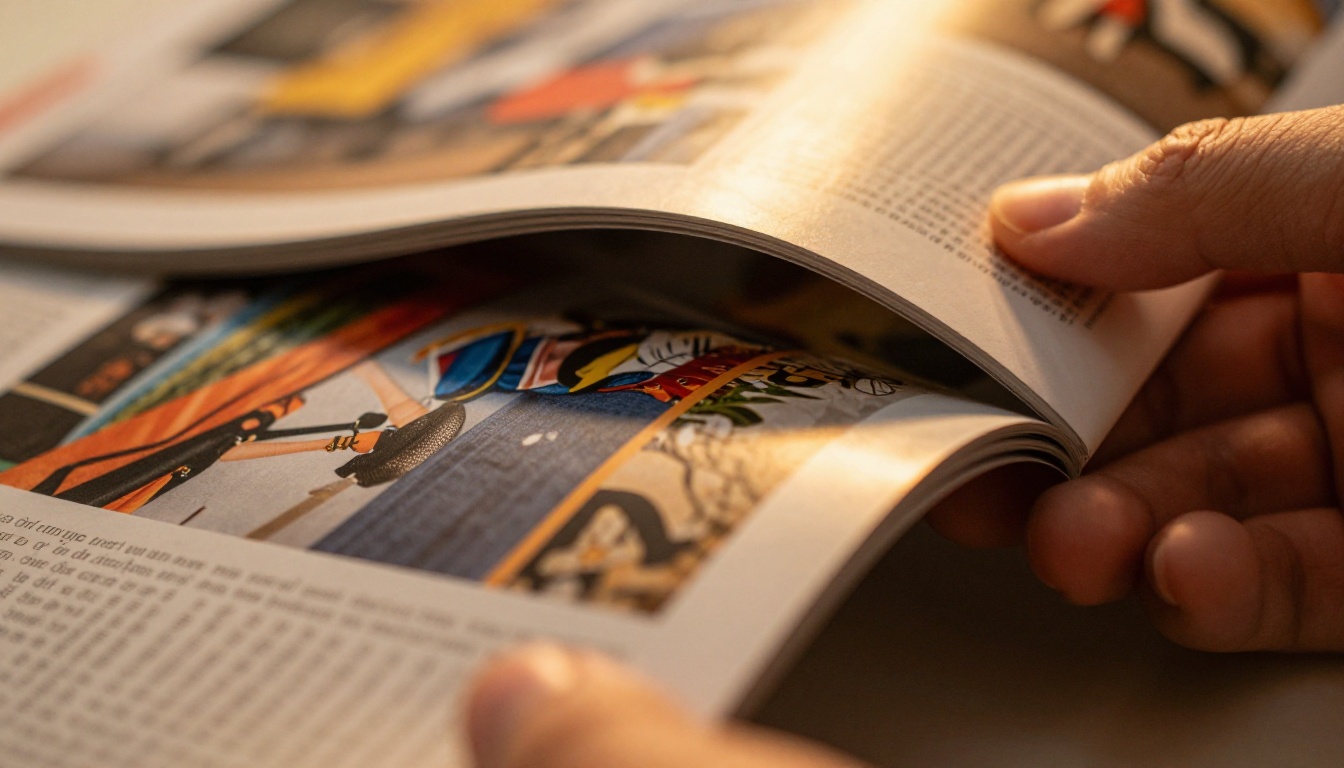 Extreme close-up of a glossy magazine page caught mid-turn, fingers gripping the edge, revealing vivid imagery underneath Extreme close-up of a glossy magazine page caught mid-turn, fingers gripping the edge, revealing vivid imagery underneath