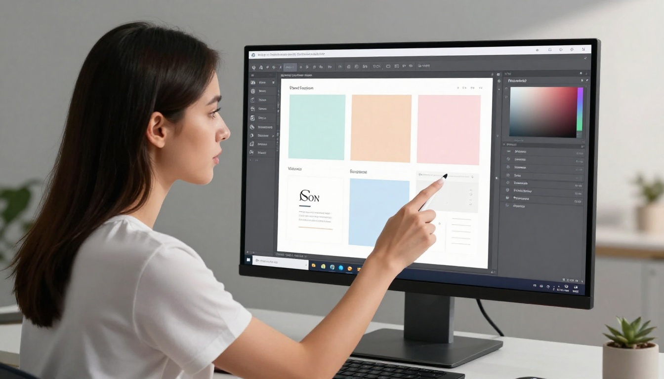 Female graphic designer pointing at a brand color customization interface on a large curved monitor Female graphic designer pointing at a brand color customization interface on a large curved monitor