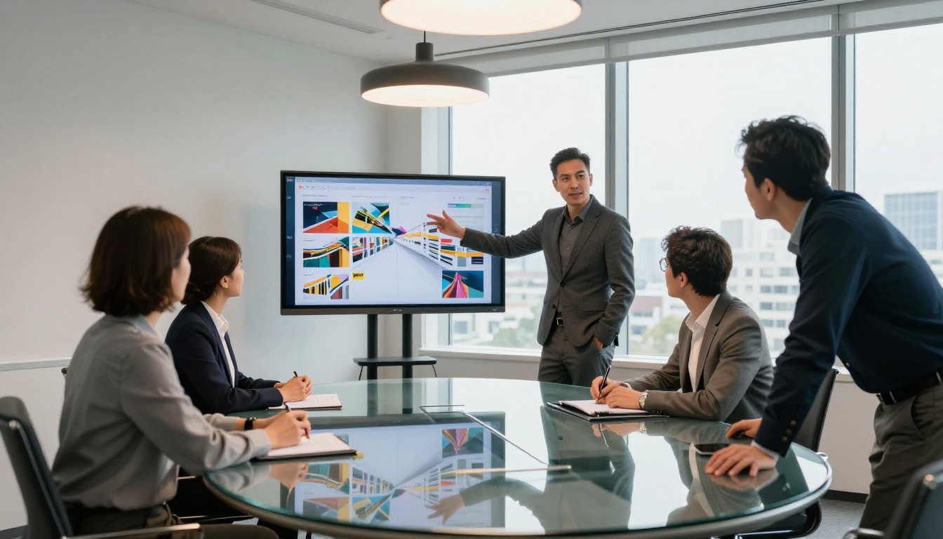Business team in conference room viewing a digital catalog flipbook on wall screen