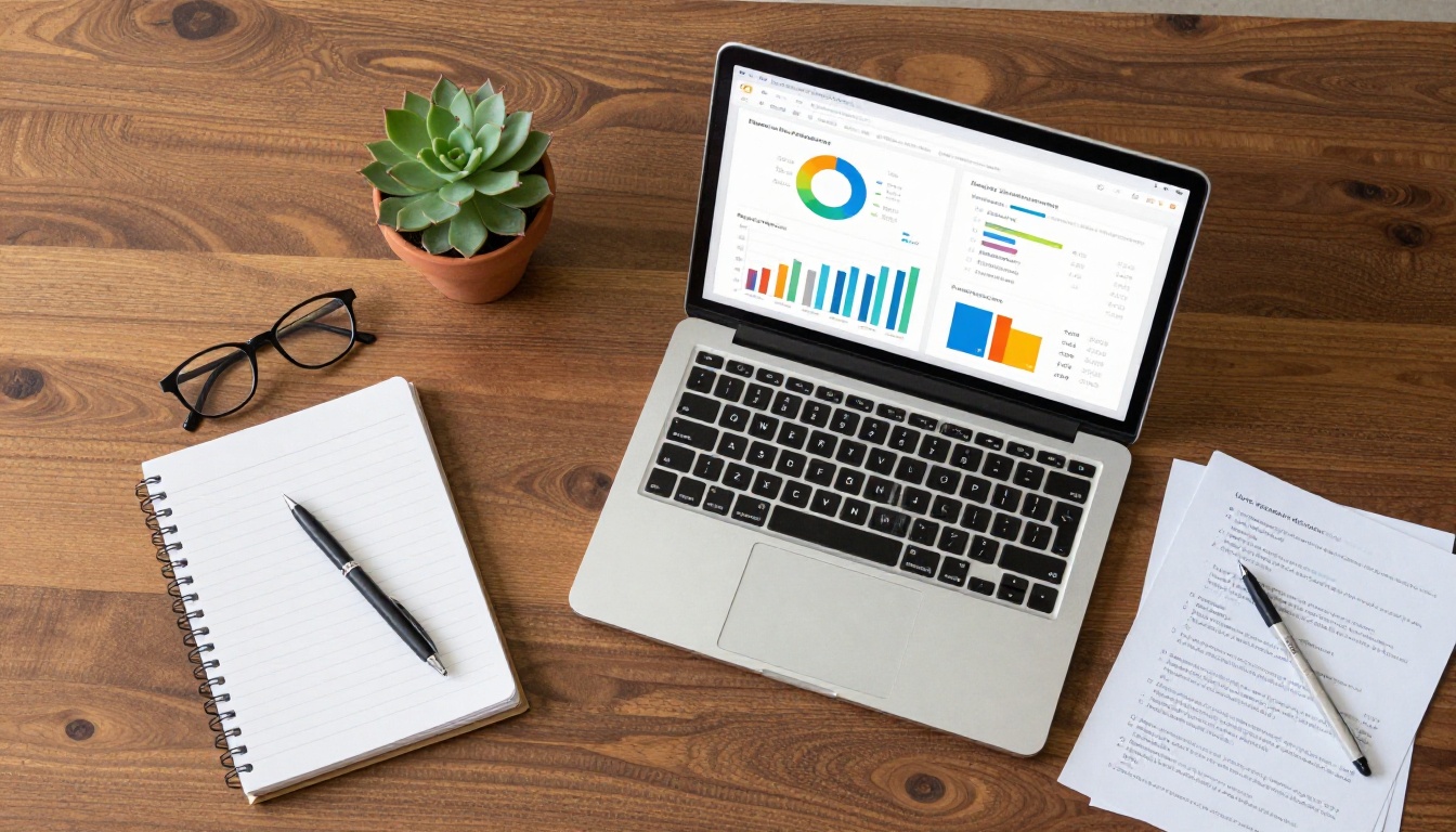 Aerial flat lay of a walnut desk with a laptop showing a colorful analytics dashboard, notebook, pen, and succulent