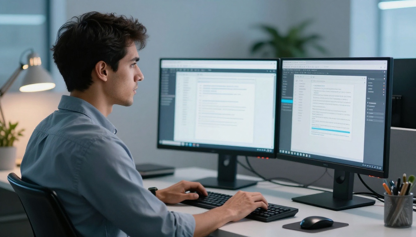 Marketing professional comparing two digital documents on dual monitors Marketing professional comparing two digital documents on dual monitors