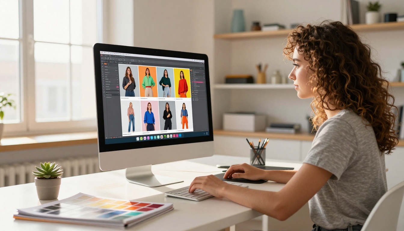 Designer with curly hair working on product catalog flipbook on iMac