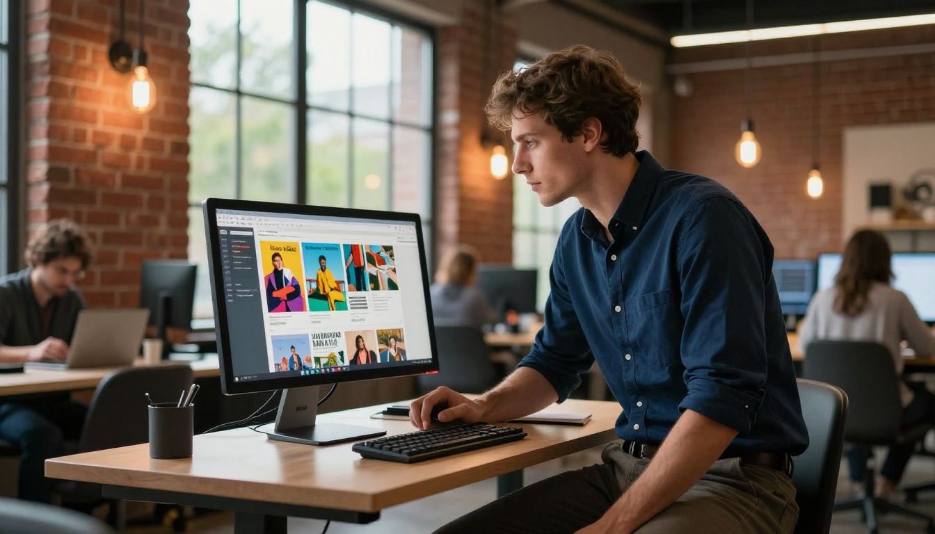 Young professional man at a standing desk reviewing a colorful digital magazine layout on a large monitor in a modern co-working space Young professional man at a standing desk reviewing a colorful digital magazine layout on a large monitor in a modern co-working space