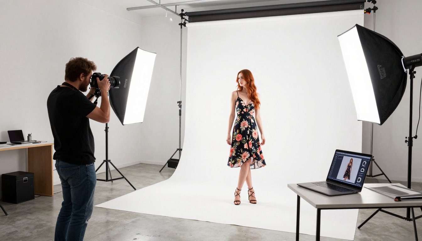A professional fashion catalog photoshoot in a bright white photography studio