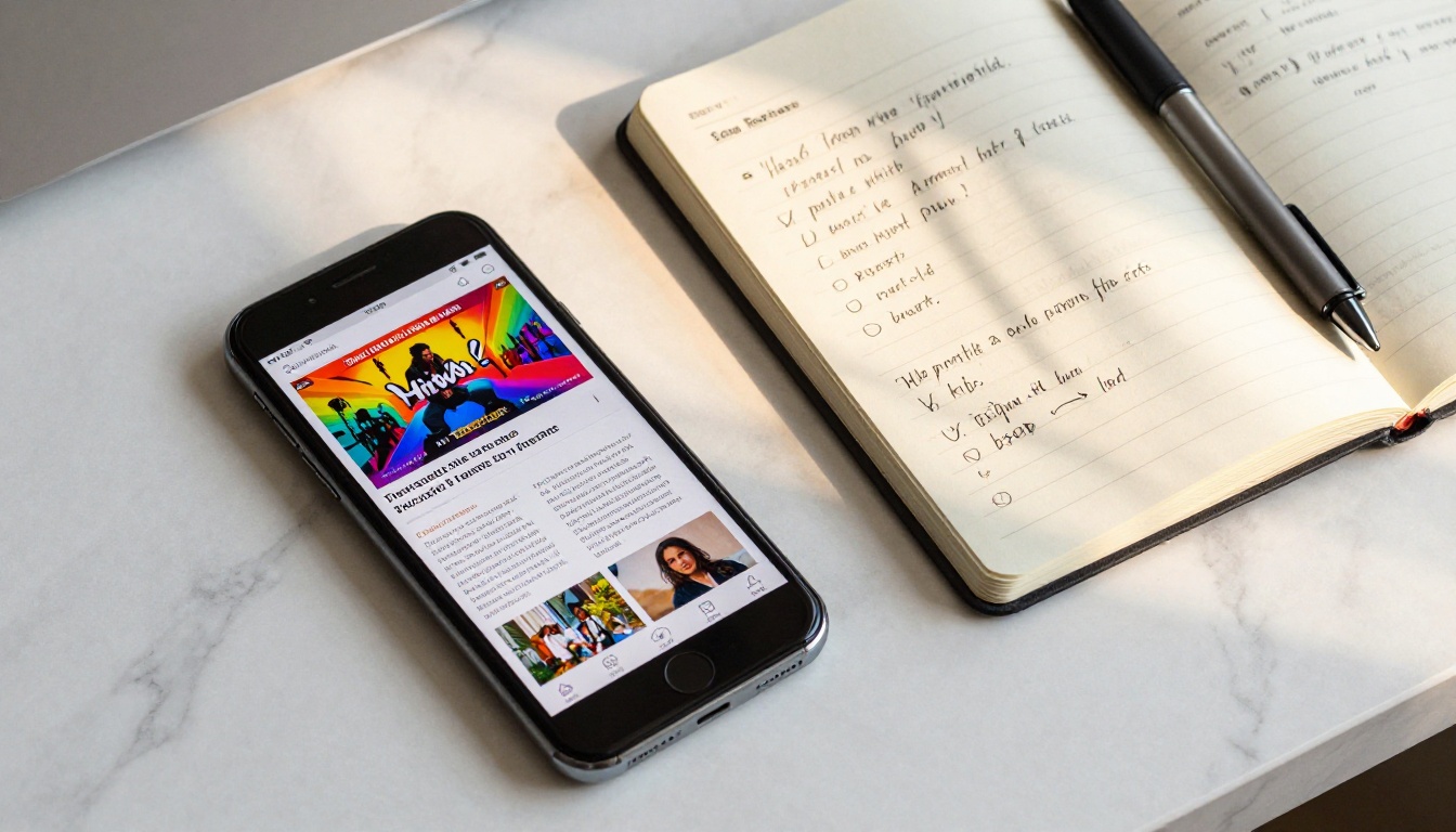 Smartphone and open notebook on white marble desk showing colorful digital magazine flipbook, pen resting on handwritten notes, morning light, 35mm tilt-shift lens Smartphone and open notebook on white marble desk showing colorful digital magazine flipbook, pen resting on handwritten notes, morning light, 35mm tilt-shift lens