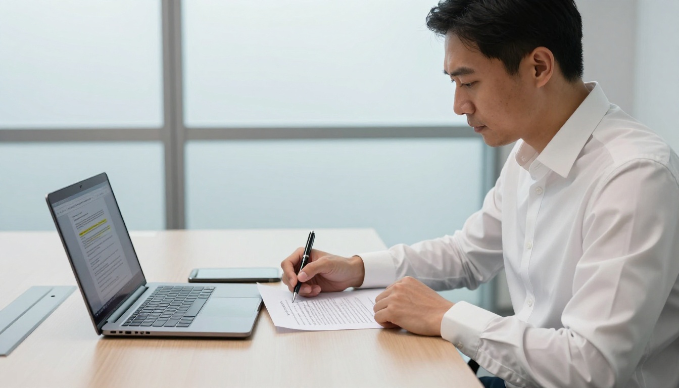 Professional man reviewing and annotating a legal document at a conference table, laptop showing PDF viewer at his side Professional man reviewing and annotating a legal document at a conference table, laptop showing PDF viewer at his side