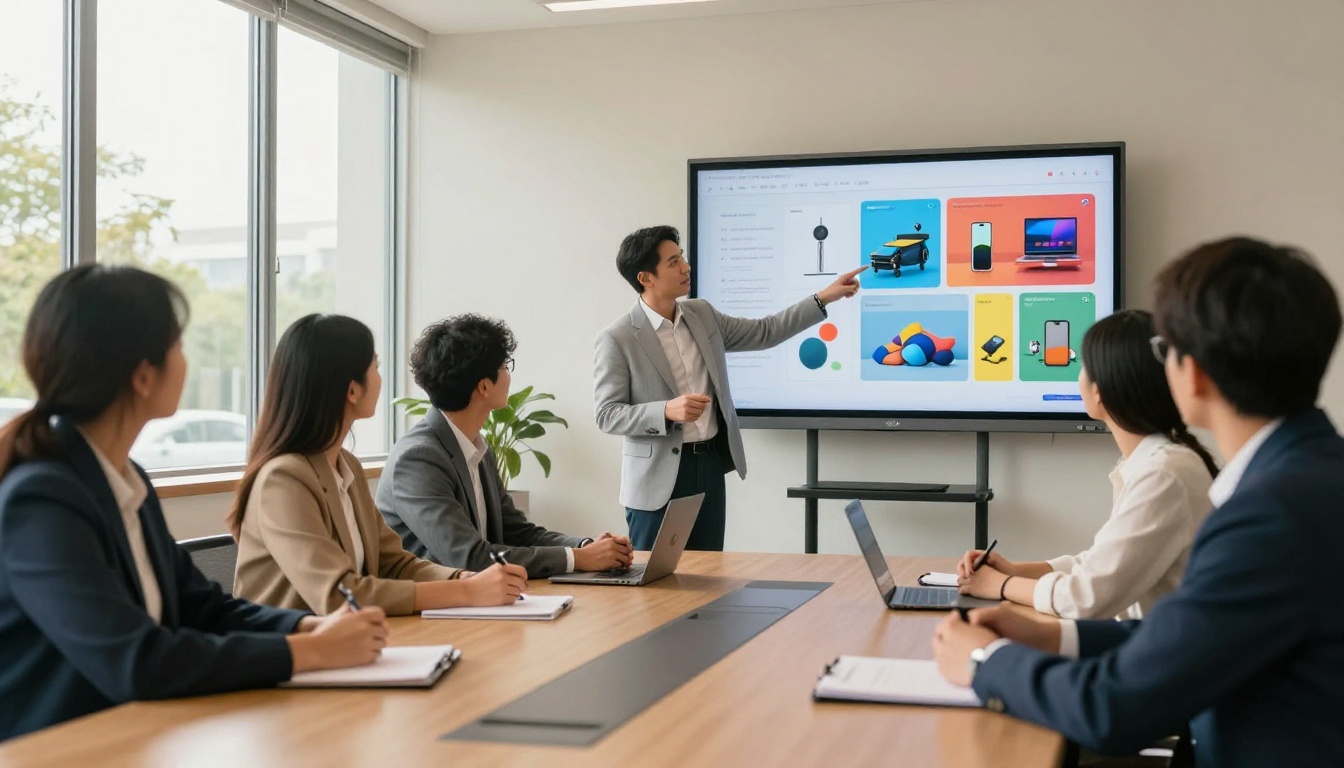 Business team gathered in a conference room viewing a digital product catalog on a large screen Business team gathered in a conference room viewing a digital product catalog on a large screen