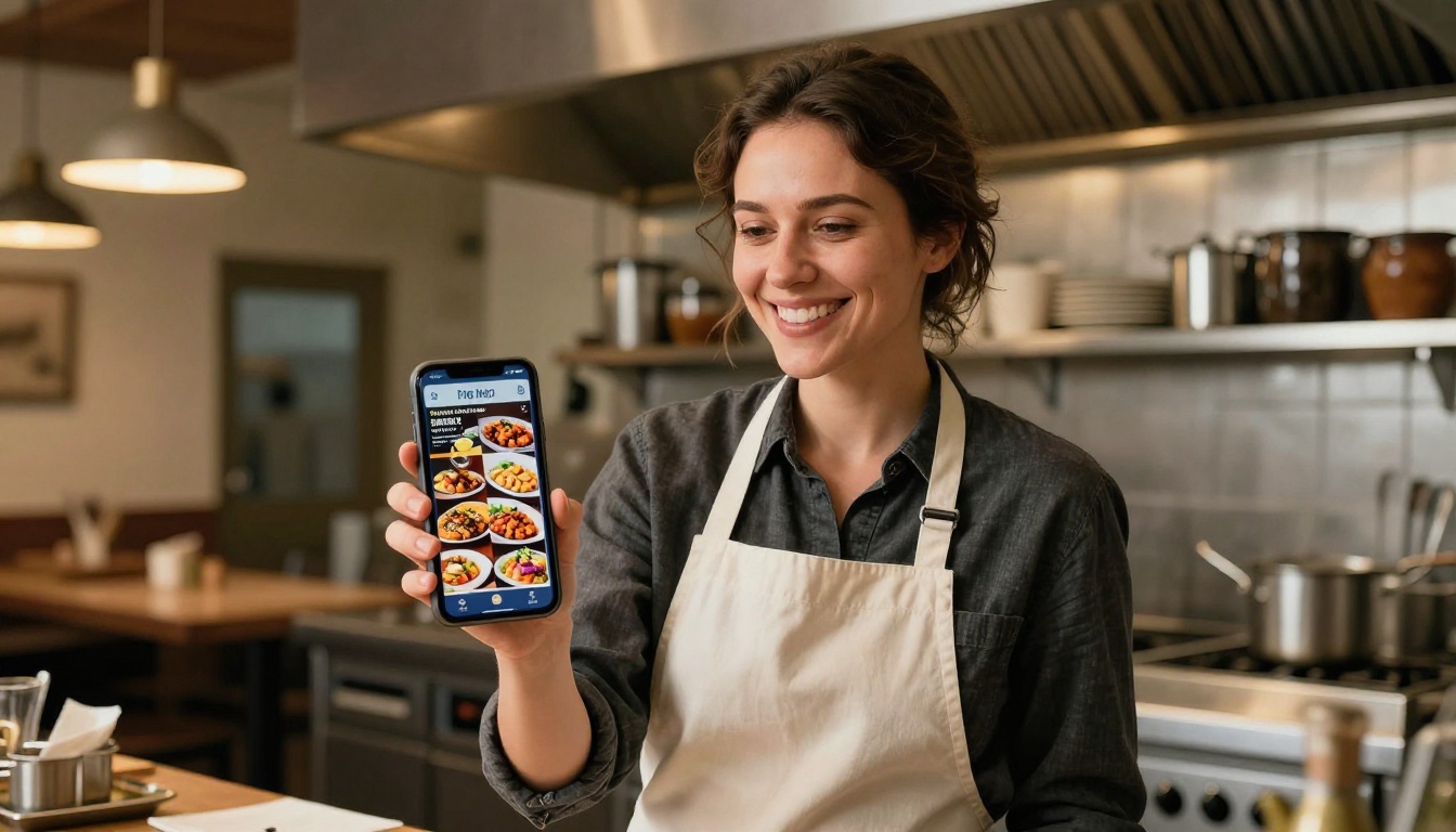 Restaurant owner checking a digital menu flipbook on her smartphone in the kitchen