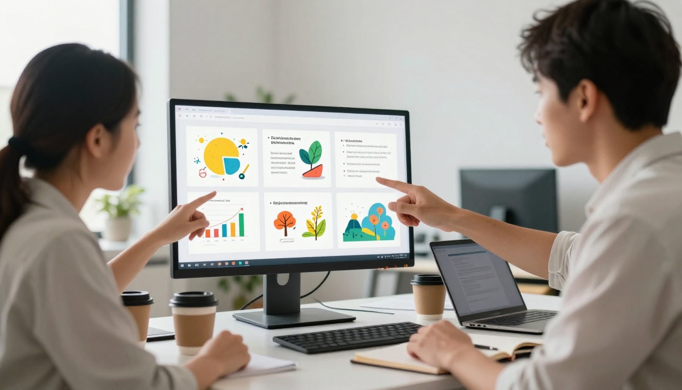 Man and woman collaborating at a desk pointing at a large monitor showing a digital flipbook with educational content