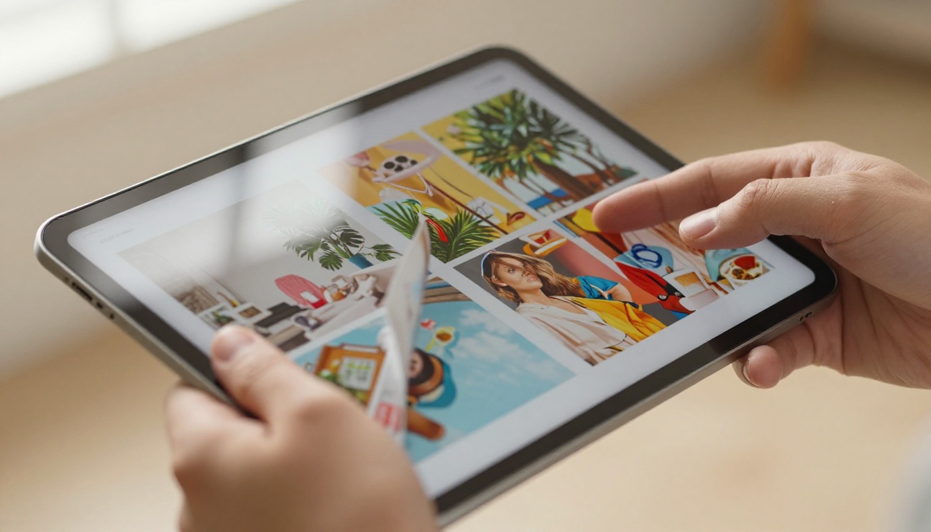 Close-up of hands holding a tablet showing a colorful digital flipbook Close-up of hands holding a tablet showing a colorful digital flipbook