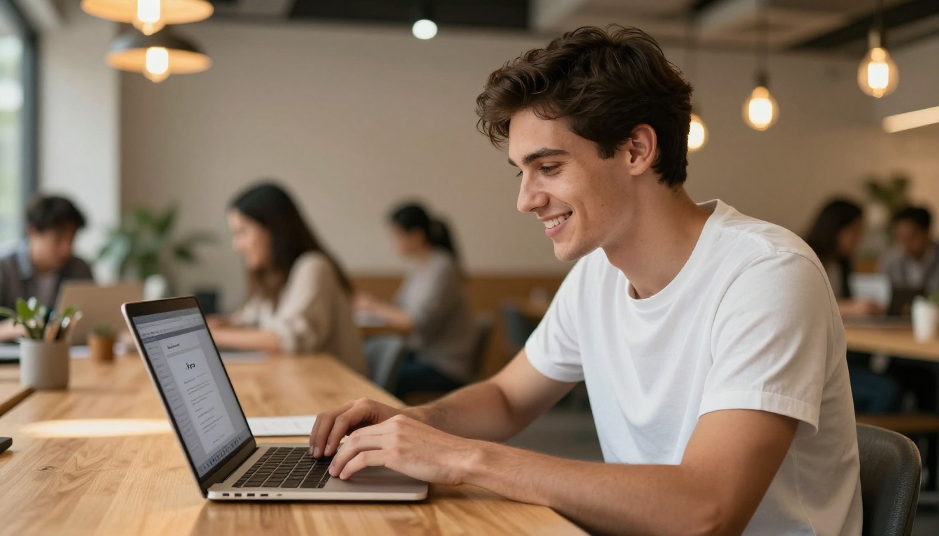 Young professional sharing a flipbook from his laptop at a bright modern coworking space