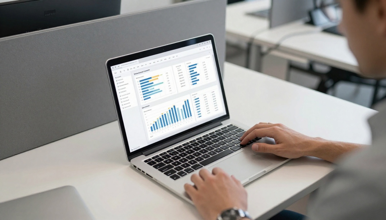 Overhead aerial view of business analyst reviewing flipbook analytics dashboard on laptop