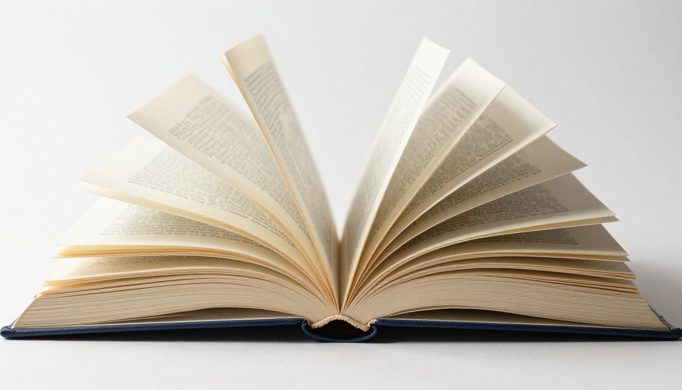 Studio close-up of an open hardcover book with pages caught at maximum fan spread, dramatic side lighting revealing fine paper fiber texture Studio close-up of an open hardcover book with pages caught at maximum fan spread, dramatic side lighting revealing fine paper fiber texture