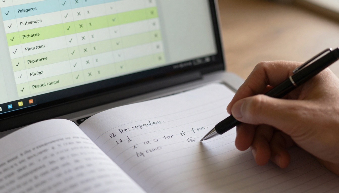 A laptop displaying a pricing comparison table with a hand holding a pen over an open notebook