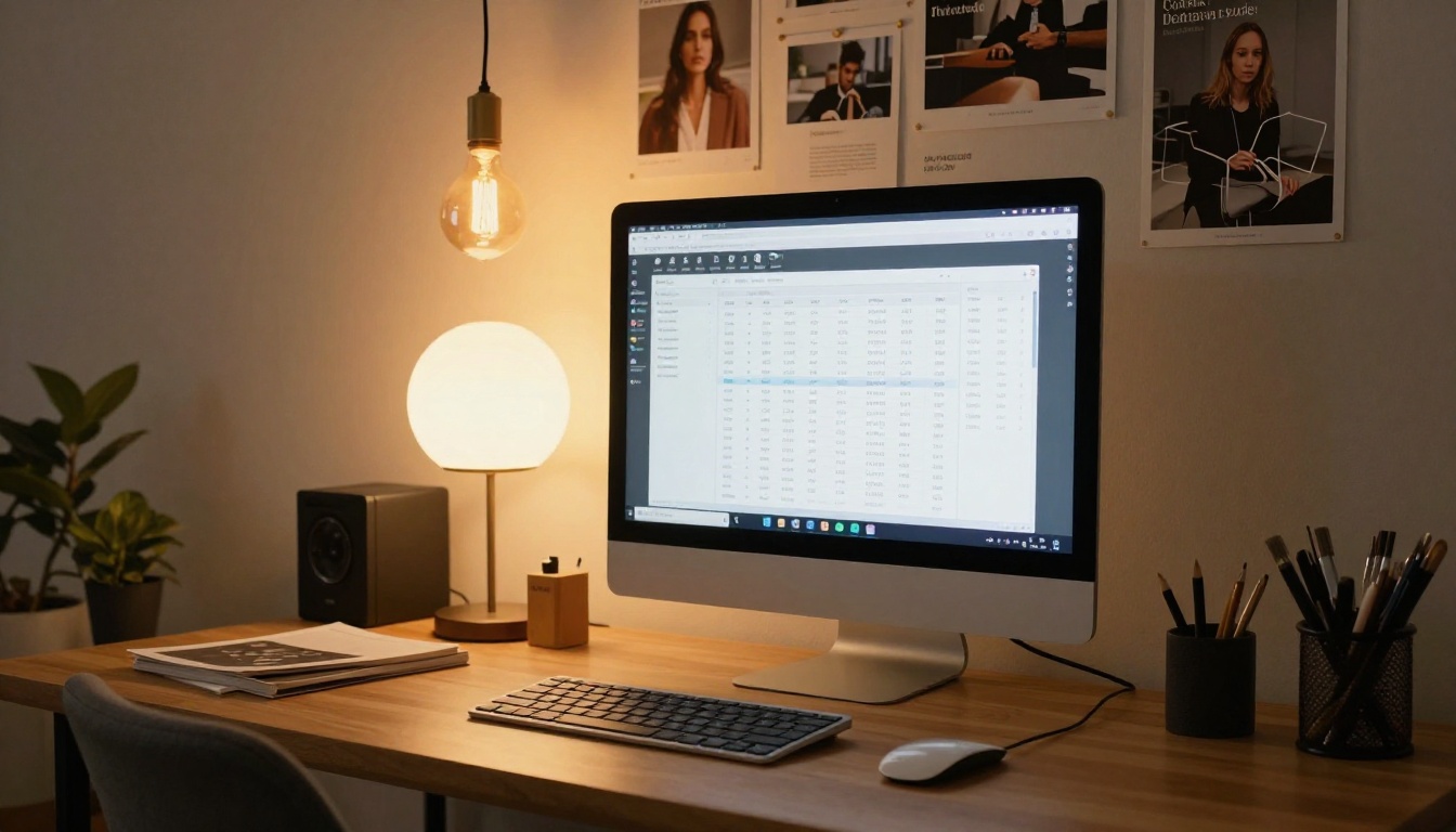 Freelance designer in warmly lit creative studio with iMac showing analytics dashboard, Edison bulb lighting, 28mm wide lens Freelance designer in warmly lit creative studio with iMac showing analytics dashboard, Edison bulb lighting, 28mm wide lens
