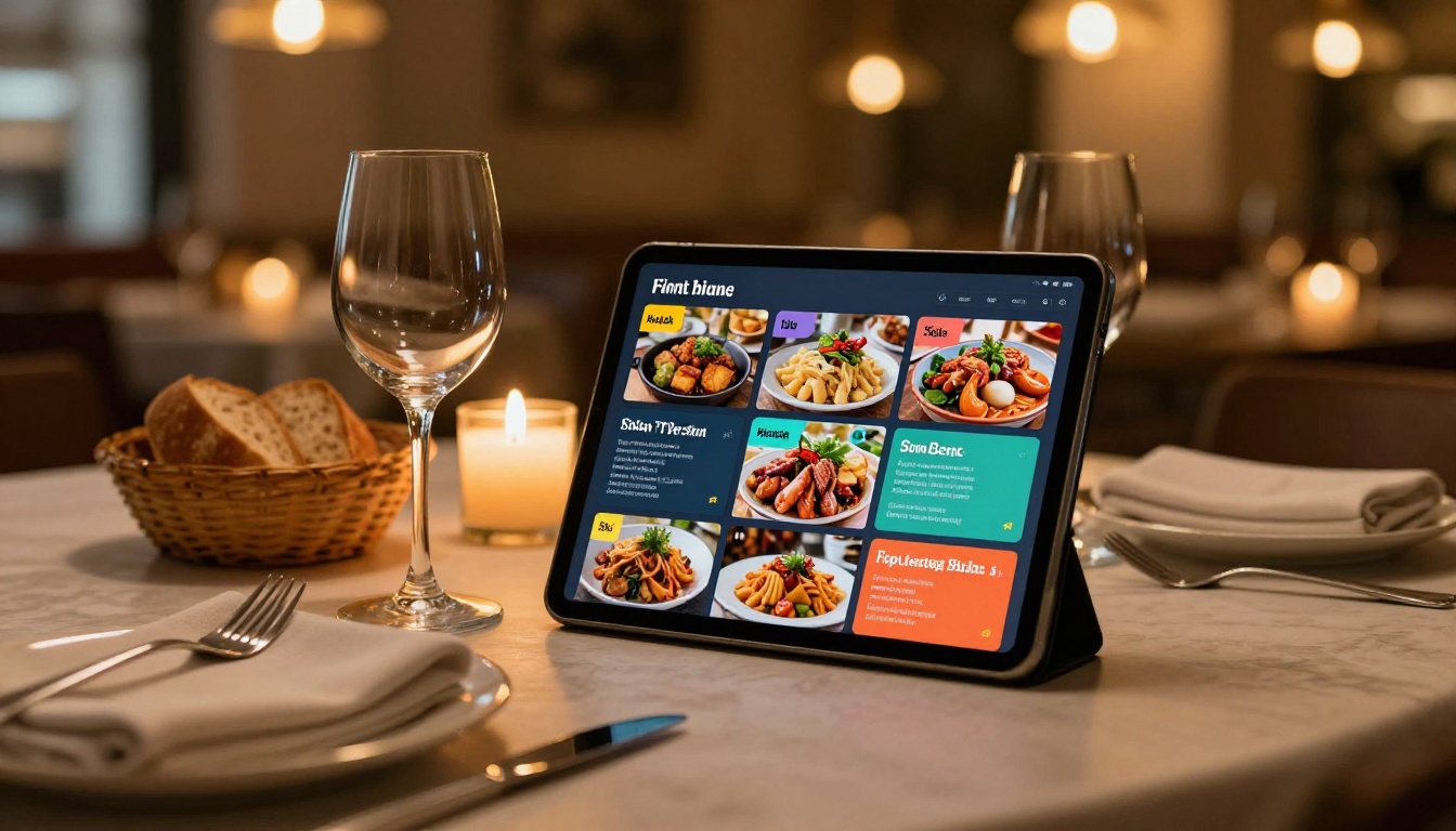 Elegant restaurant table with a tablet showing a vibrant digital flipbook menu under warm candlelit ambience Elegant restaurant table with a tablet showing a vibrant digital flipbook menu under warm candlelit ambience