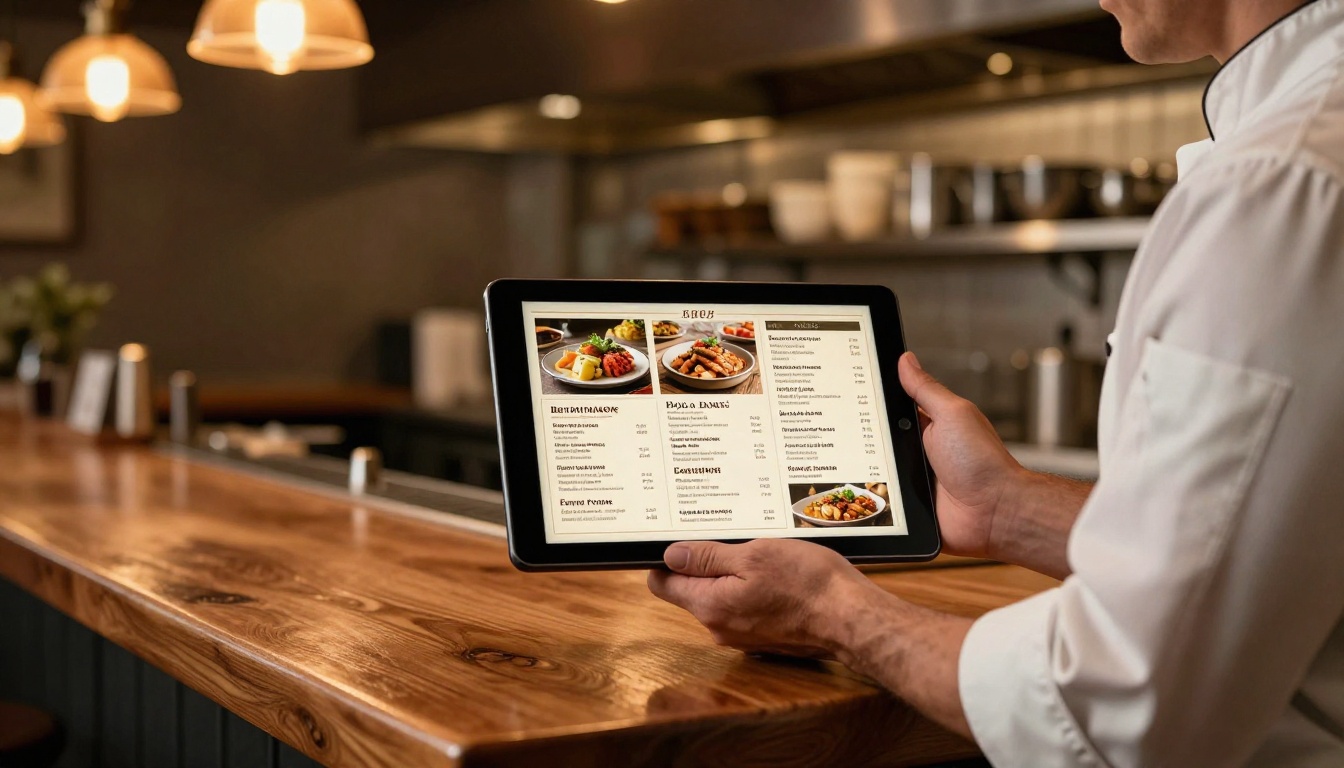 Restaurant owner in an apron holding a tablet showing a beautifully designed digital menu Restaurant owner in an apron holding a tablet showing a beautifully designed digital menu