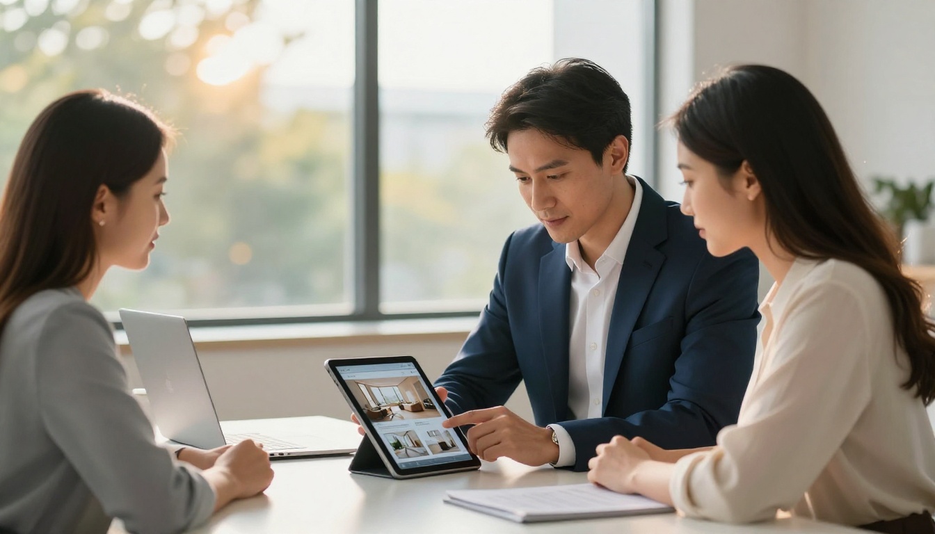 Real estate agent showing a property brochure flipbook on a tablet to clients
