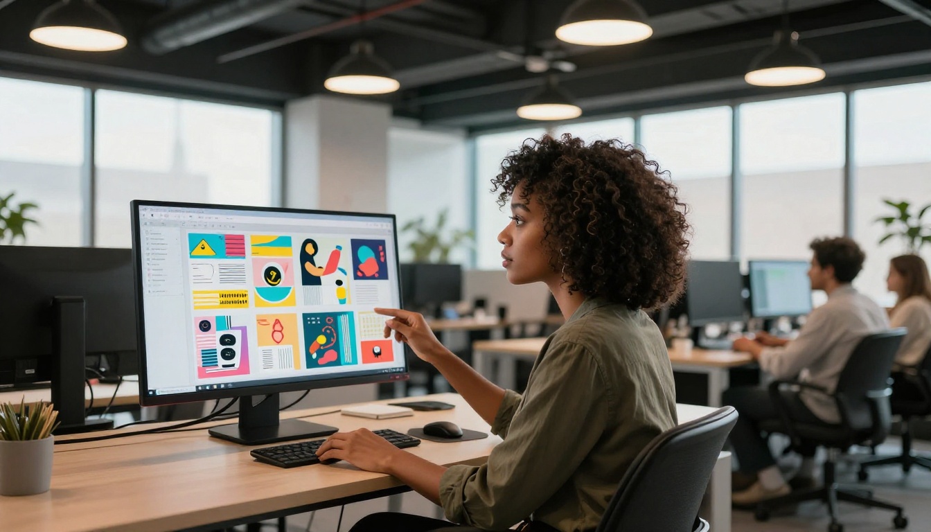 Creative agency team reviewing digital publication layouts on a large monitor Creative agency team reviewing digital publication layouts on a large monitor