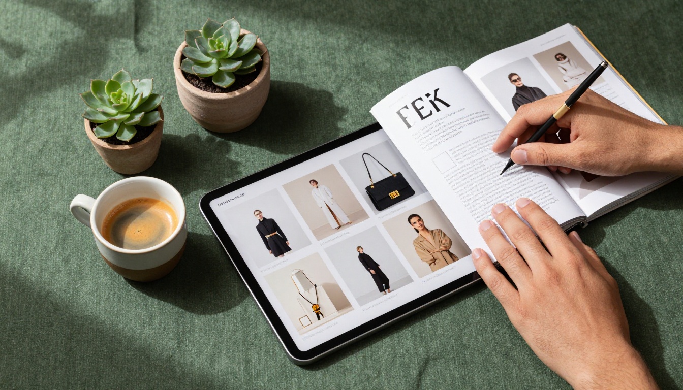 Aerial view of hands scrolling through a luxury fashion catalog flipbook on an iPad over green linen surface