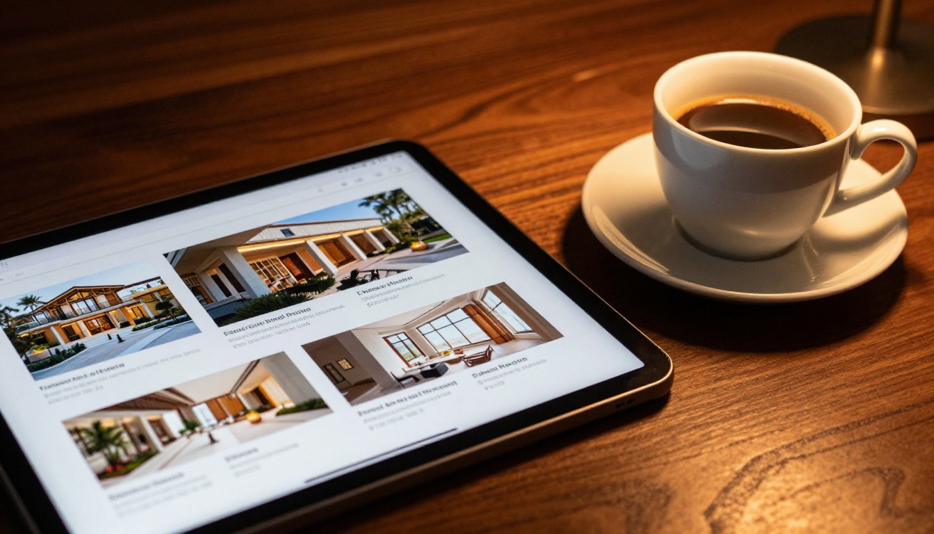 Luxury real estate flipbook displayed on tablet with espresso cup on dark walnut table
