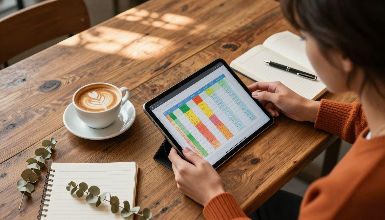 Aerial overhead shot of a woman at a rustic cafe table working on a tablet showing a comparison chart, latte art and notebook beside her Aerial overhead shot of a woman at a rustic cafe table working on a tablet showing a comparison chart, latte art and notebook beside her