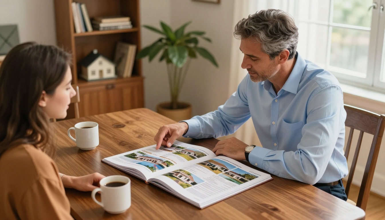 A real estate agent pointing at a property catalog at a dining table with a young couple