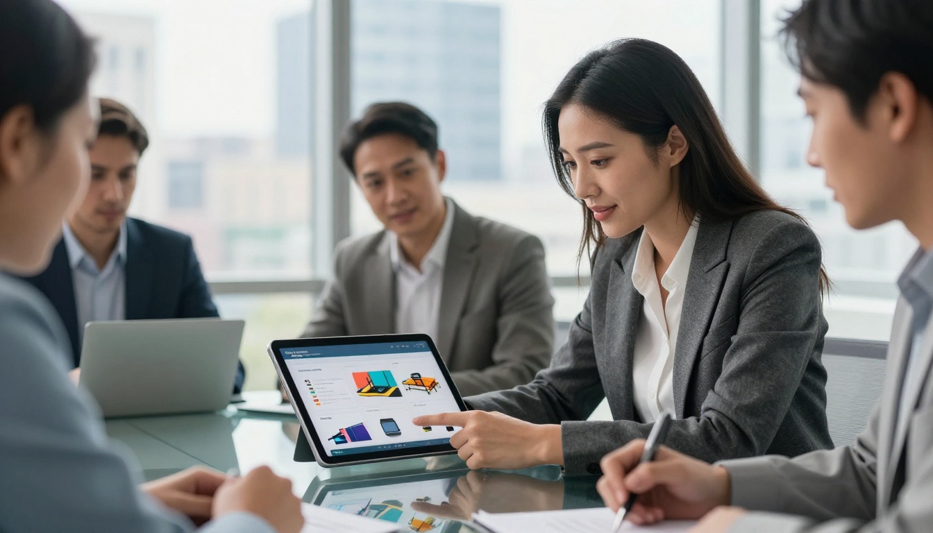 Businesswoman presenting an interactive flipbook product catalog on a tablet to a client in a modern boardroom Businesswoman presenting an interactive flipbook product catalog on a tablet to a client in a modern boardroom