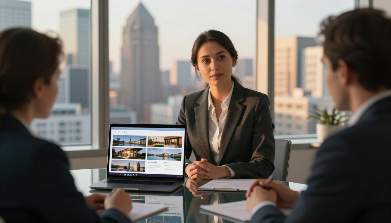 Real estate agent presenting a digital property brochure on a laptop to clients in an office with a city skyline behind Real estate agent presenting a digital property brochure on a laptop to clients in an office with a city skyline behind
