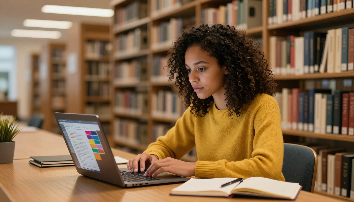 Student browsing a digital textbook flipbook on her laptop in a university library
