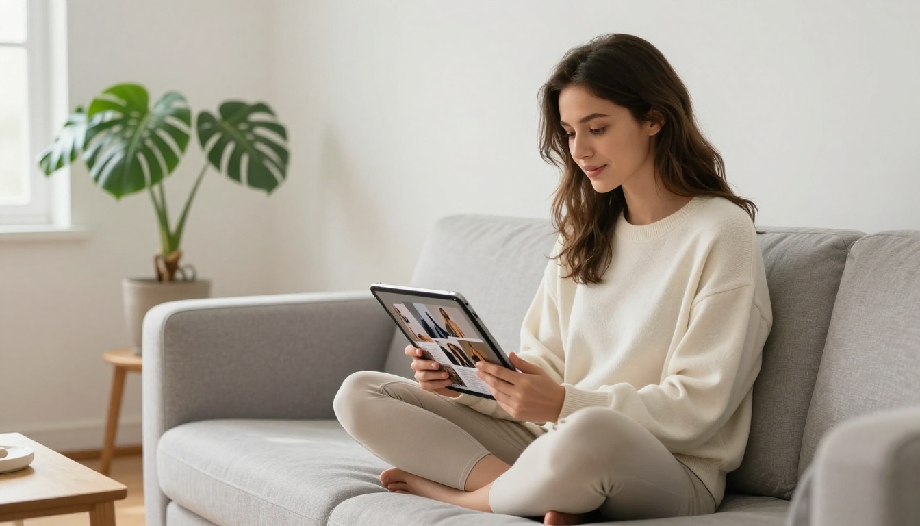 Young woman sitting cross-legged on a gray sofa holding an iPad showing a fashion lookbook flipbook with a delighted expression