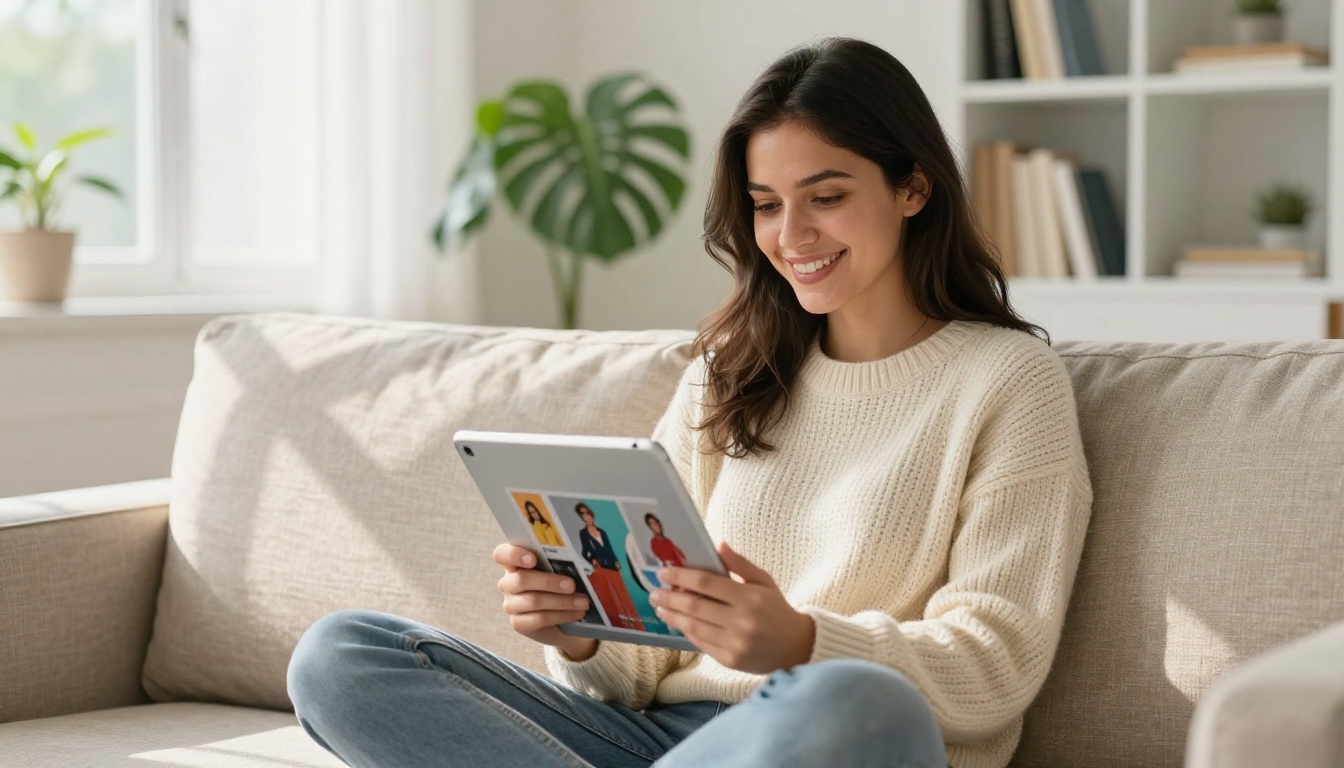Smiling woman sitting on a sofa viewing a colorful digital magazine on an iPad Smiling woman sitting on a sofa viewing a colorful digital magazine on an iPad