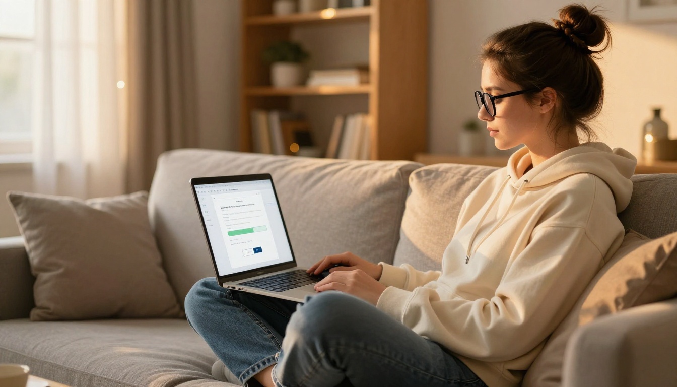 Young woman with glasses uploading files on laptop while sitting on couch in warm sunlit living room