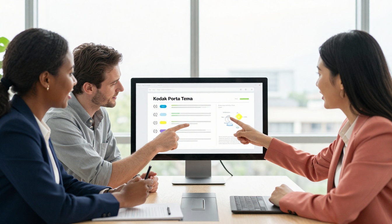Team of three diverse colleagues reviewing an interactive flipbook on a conference room monitor