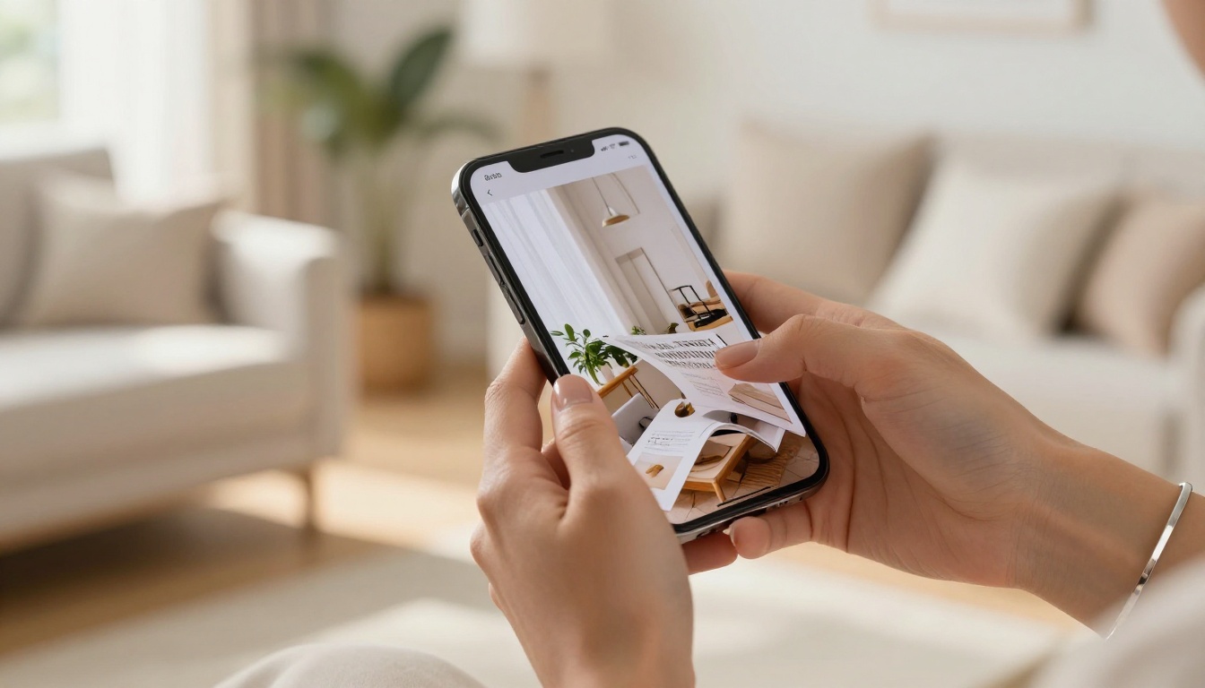 Close-up of elegant female hands holding a smartphone displaying a beautifully designed digital publication with a page-turning interface Close-up of elegant female hands holding a smartphone displaying a beautifully designed digital publication with a page-turning interface