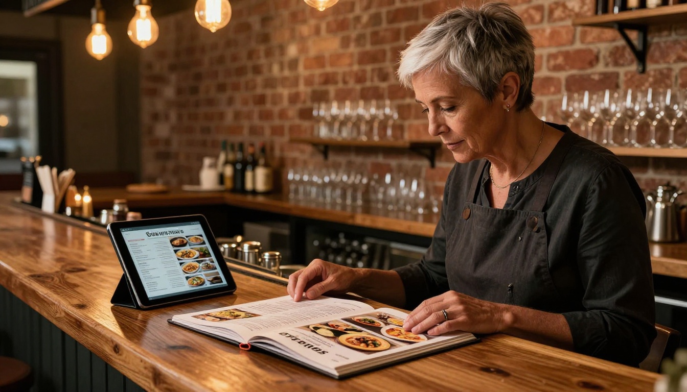 A restaurant owner reviewing a printed menu catalog and a digital flipbook version at a bar counter