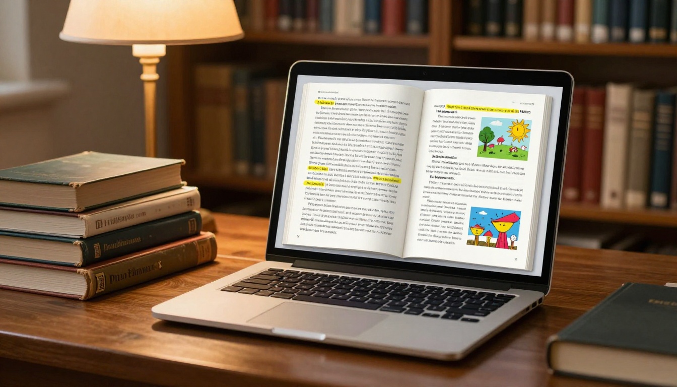 University student at a library desk with stacks of traditional textbooks alongside a vibrant interactive e-book open on a laptop University student at a library desk with stacks of traditional textbooks alongside a vibrant interactive e-book open on a laptop