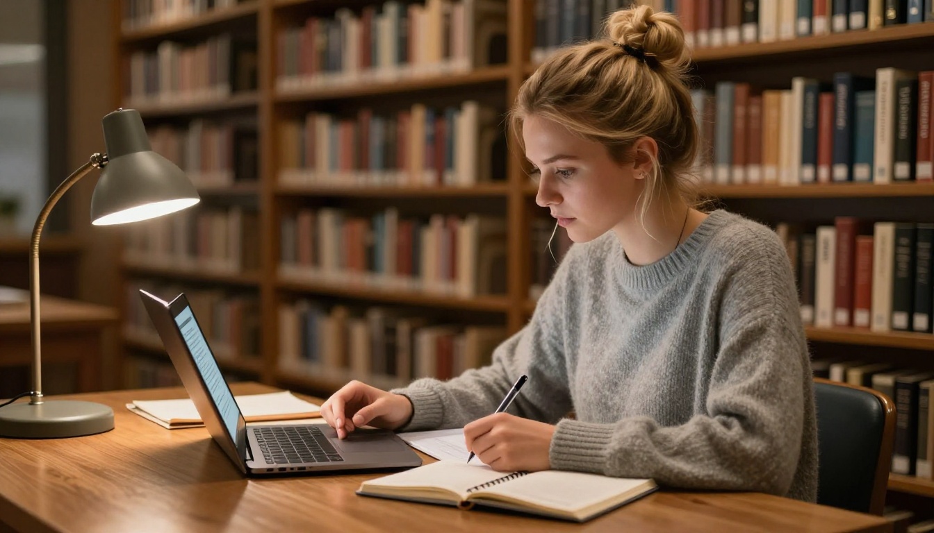 College student reading an interactive e-book on a laptop in a warm library setting College student reading an interactive e-book on a laptop in a warm library setting