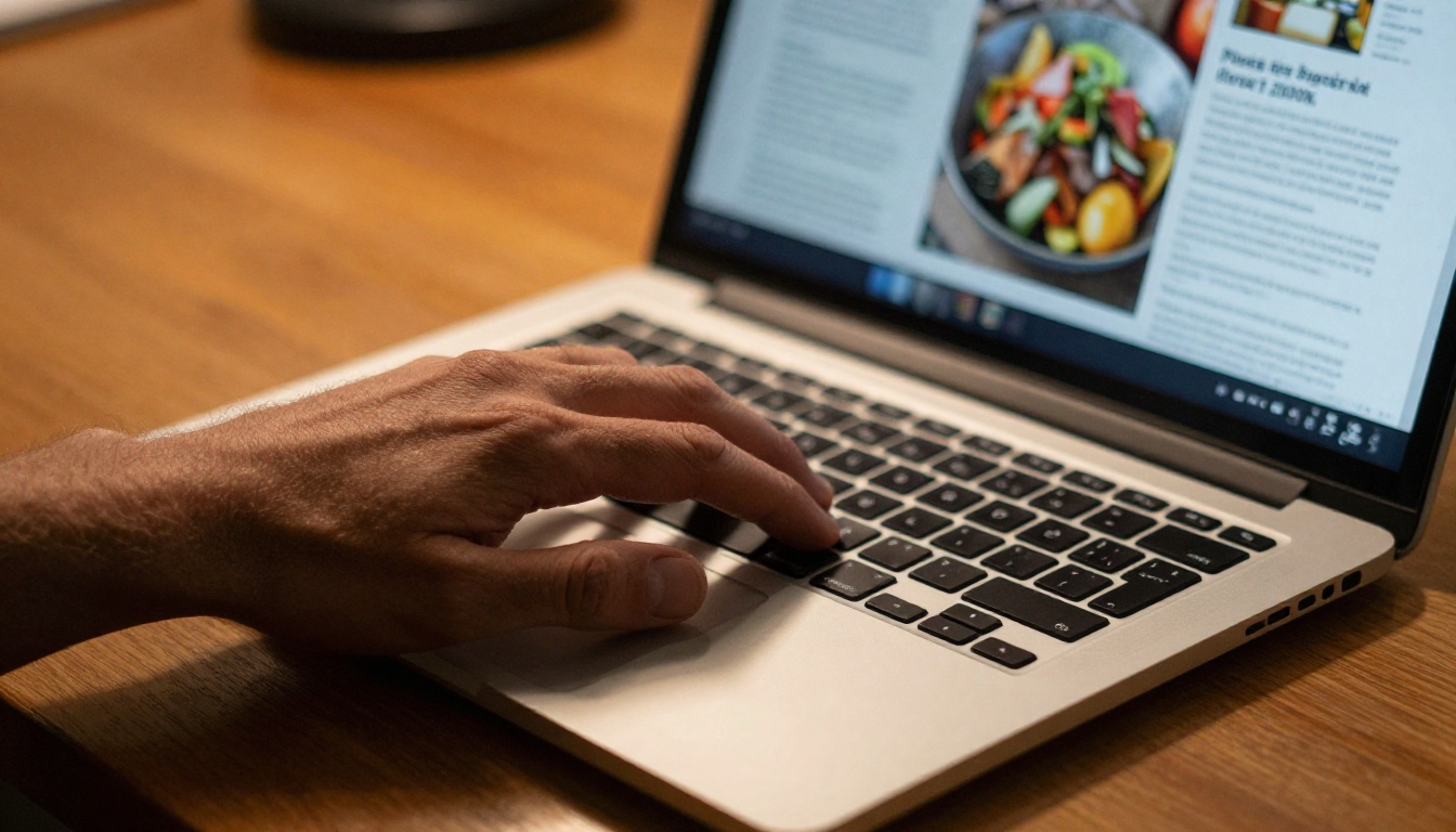 Close-up of hands on laptop trackpad triggering a smooth page-turn on a digital magazine flipbook