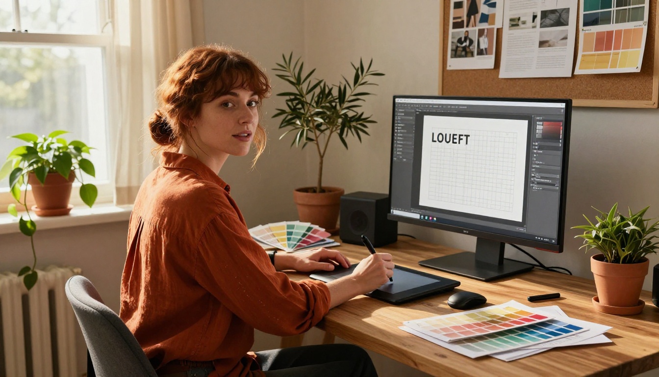 Creative professional woman with auburn hair at a large wooden desk surrounded by color swatches and a graphics tablet, warm afternoon light Creative professional woman with auburn hair at a large wooden desk surrounded by color swatches and a graphics tablet, warm afternoon light