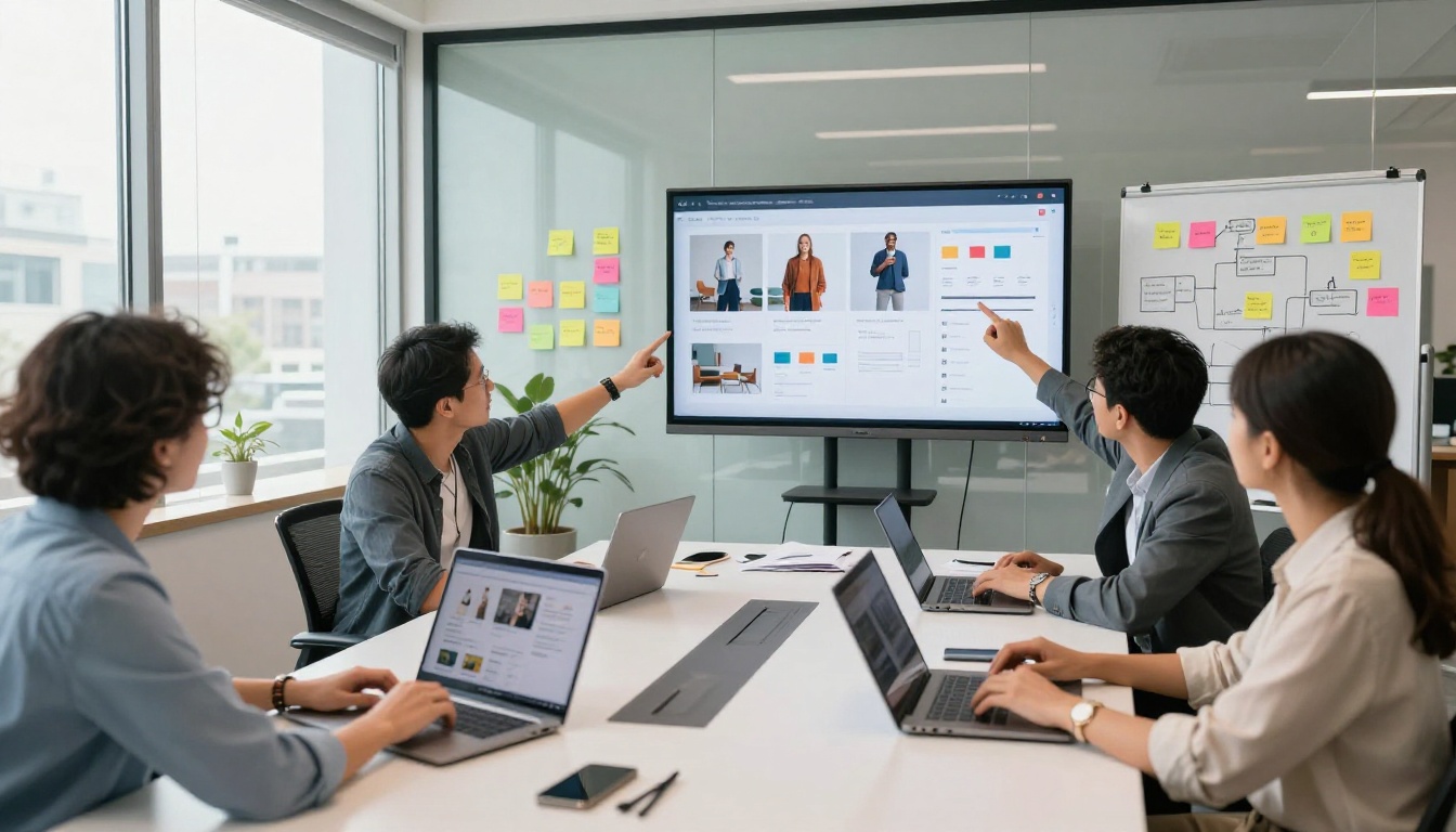 A diverse marketing team in a conference room pointing at a large screen showing a catalog comparison