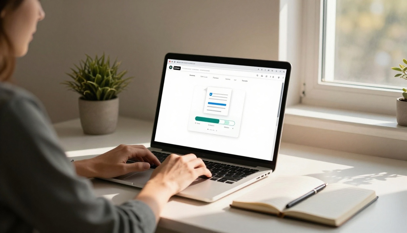 Person dragging a PDF document into a modern web-based flipbook conversion interface on a bright laptop screen Person dragging a PDF document into a modern web-based flipbook conversion interface on a bright laptop screen