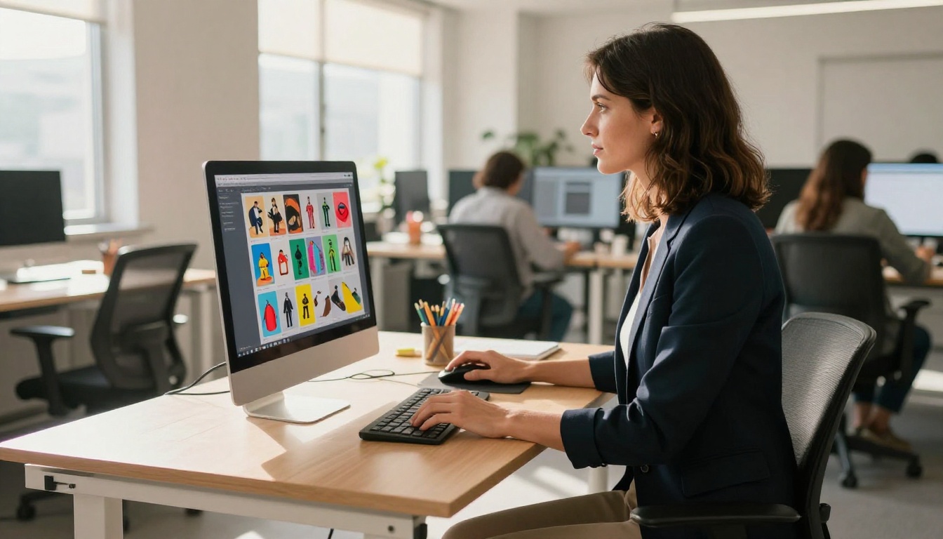 Marketing professional at a standing desk creating a digital catalog in a bright open-plan office Marketing professional at a standing desk creating a digital catalog in a bright open-plan office