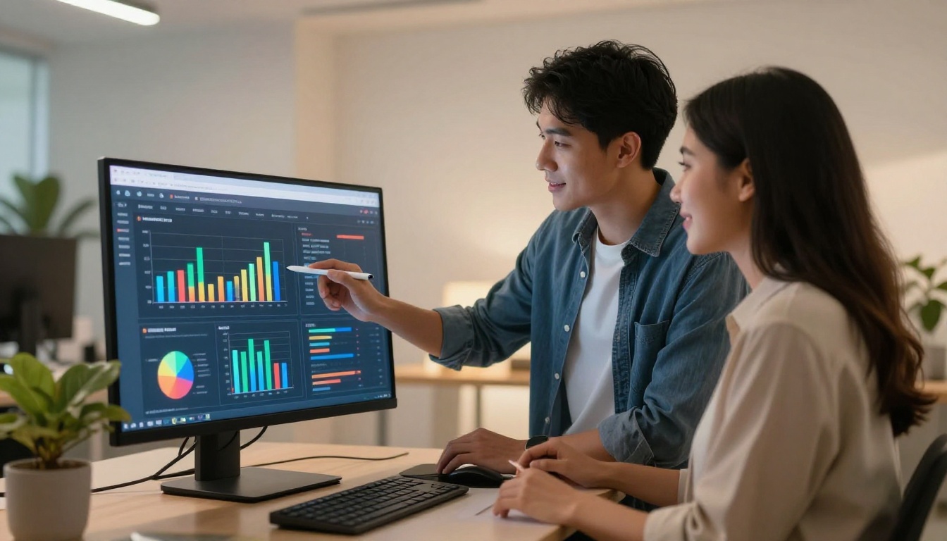 Two professionals reviewing a publication analytics dashboard on a large monitor Two professionals reviewing a publication analytics dashboard on a large monitor