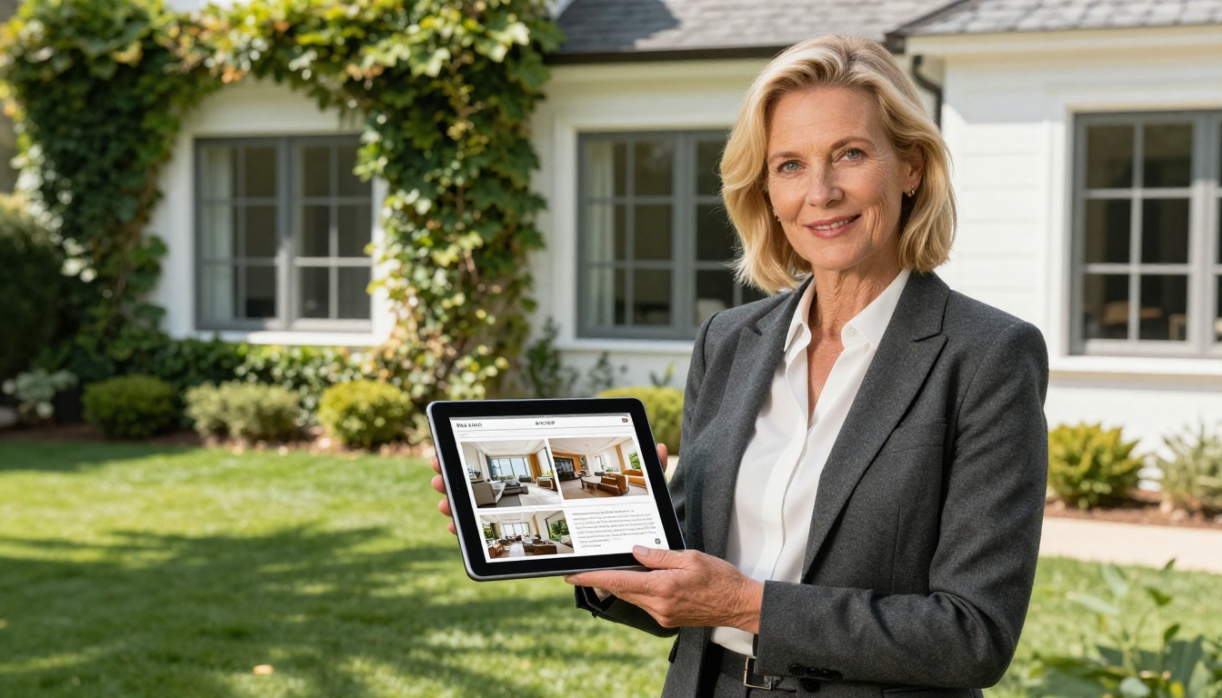 Real estate agent standing outside a luxury property holding a tablet with a property brochure flipbook
