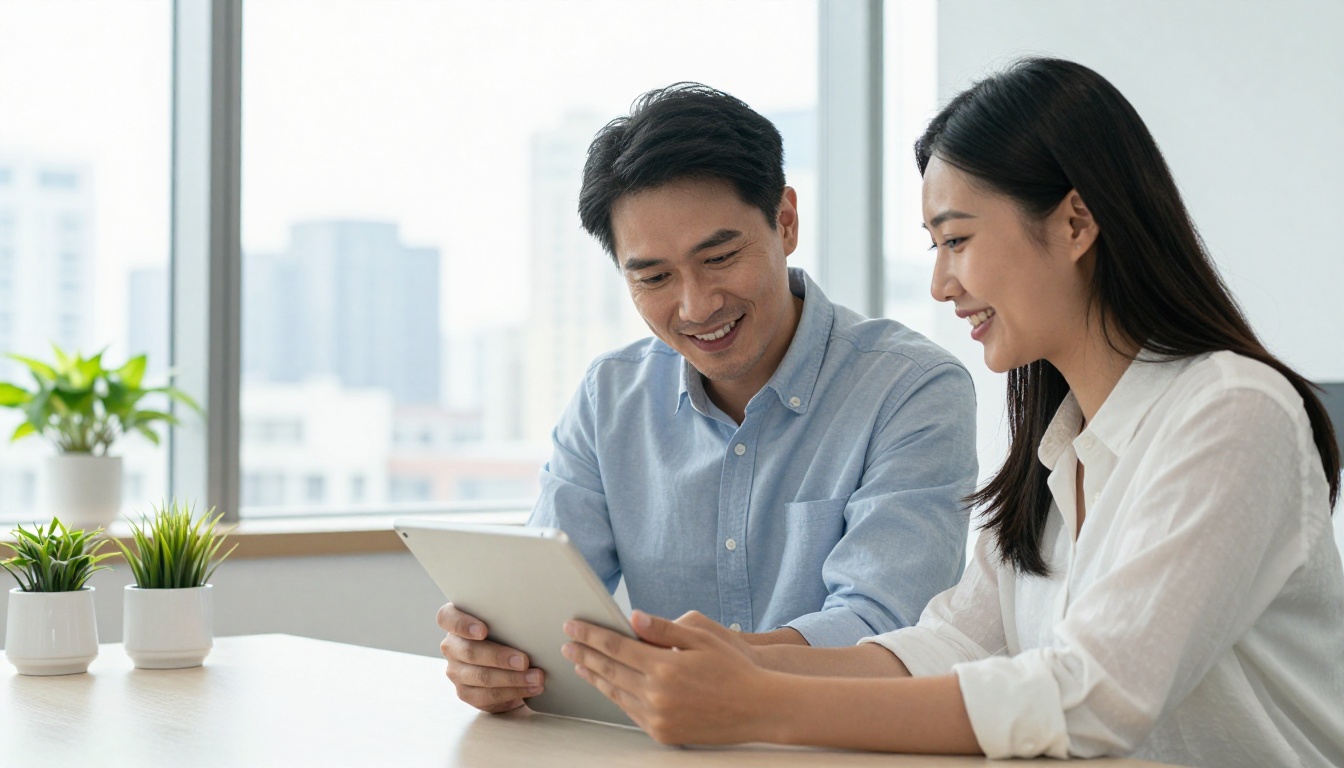 Two professionals in a modern bright office sharing a tablet and smiling, natural daylight flooding the space through floor-to-ceiling windows Two professionals in a modern bright office sharing a tablet and smiling, natural daylight flooding the space through floor-to-ceiling windows