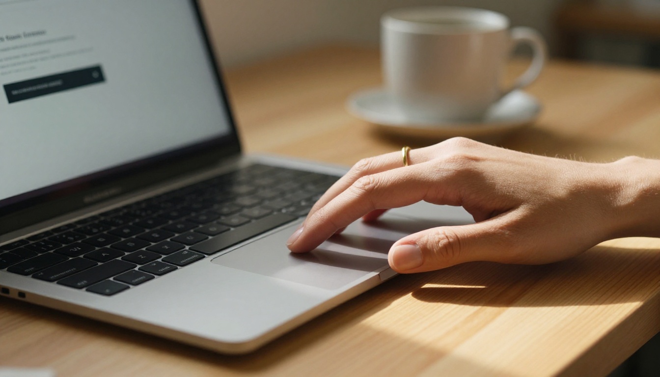 Low-angle close-up of a woman's hand reaching toward a laptop trackpad in a moment of deliberate action, warm golden morning light casting a long shadow across the oak desk Low-angle close-up of a woman's hand reaching toward a laptop trackpad in a moment of deliberate action, warm golden morning light casting a long shadow across the oak desk