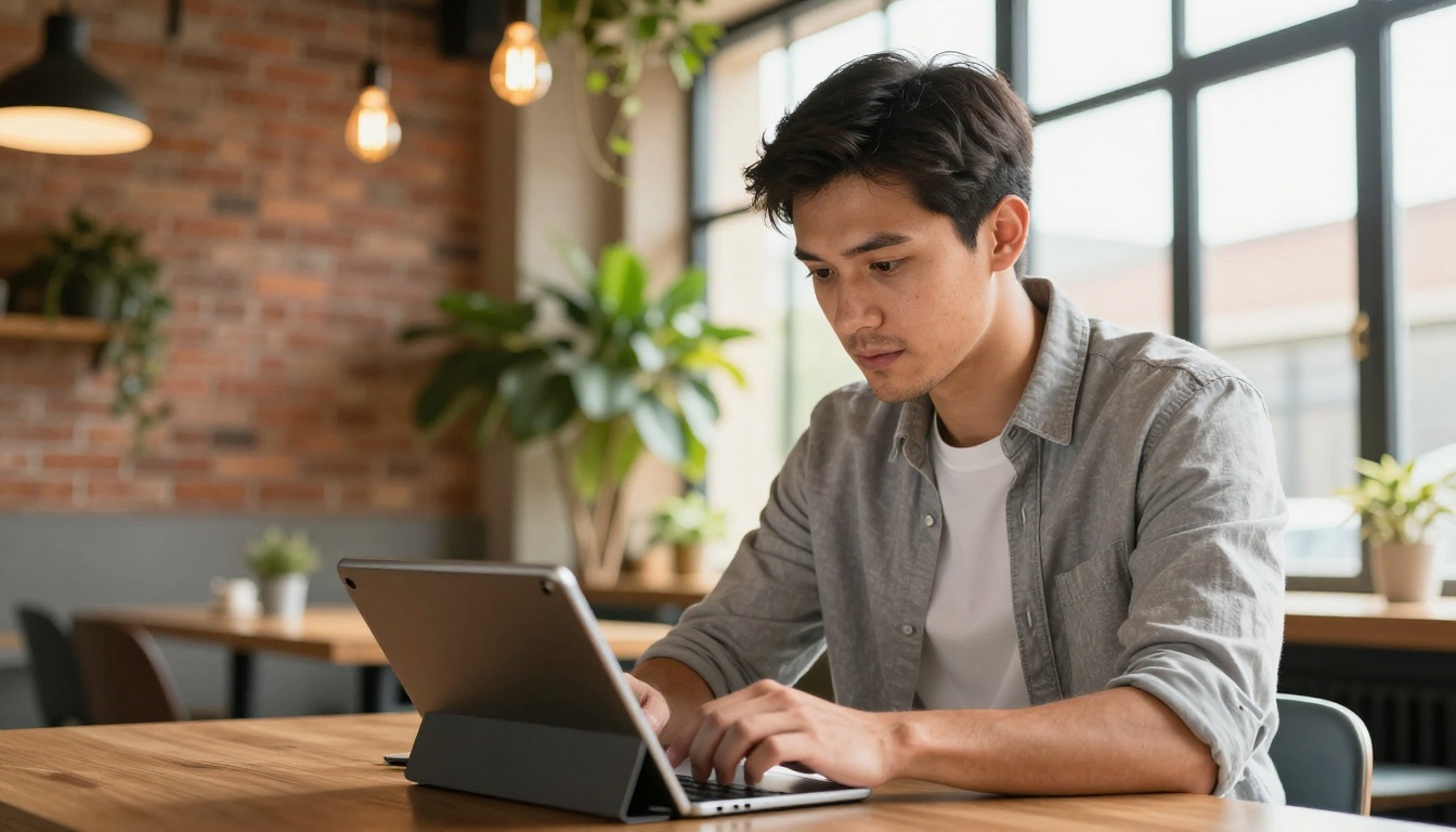 Professional reviewing digital flipbook on tablet in coworking space