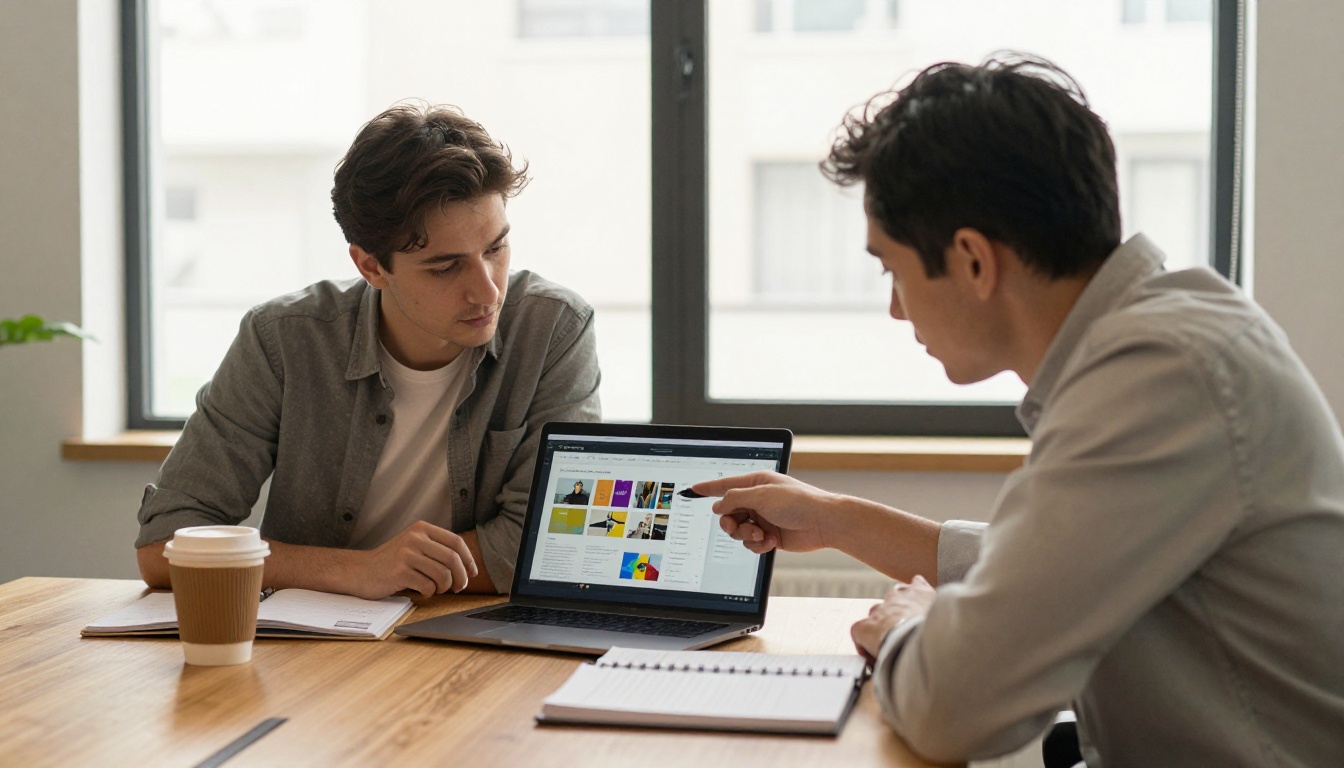 Two small business owners reviewing flipbook designs together in a bright modern meeting room, laptops open, coffee cups on table, natural daylight Two small business owners reviewing flipbook designs together in a bright modern meeting room, laptops open, coffee cups on table, natural daylight